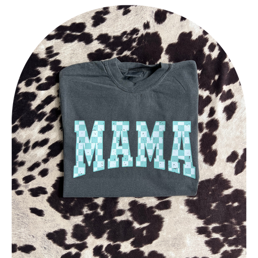 Blue Checkered Mama Tee